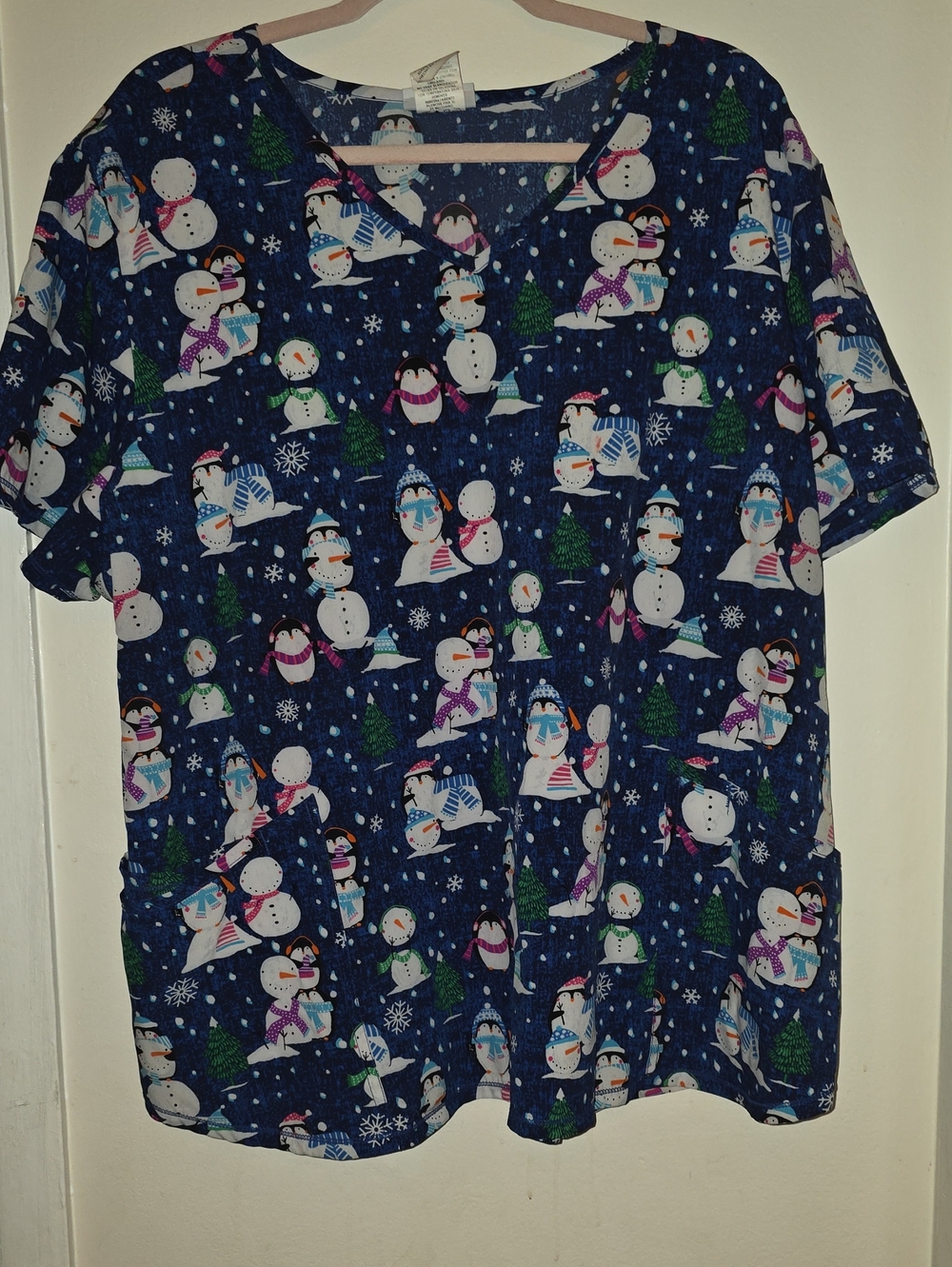 Scrubstar Navy Snowman & Penguin Print Pajama Top
